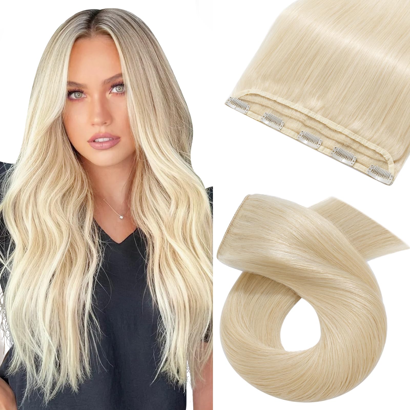 Silk-co Clip in Remy Hair Extensions 8inch 100% Real Human Hair One Piece 3/4 Half Head Natural 100% Remy Silky Soft Straight(40g, #60 Platinum Blonde)
