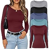 Velvelhall 5 Pack Women's Long Sleeve Shirts Scoop Neck Tops Slim Fit Stretchy Undershirts Casual Base Layer Multipack