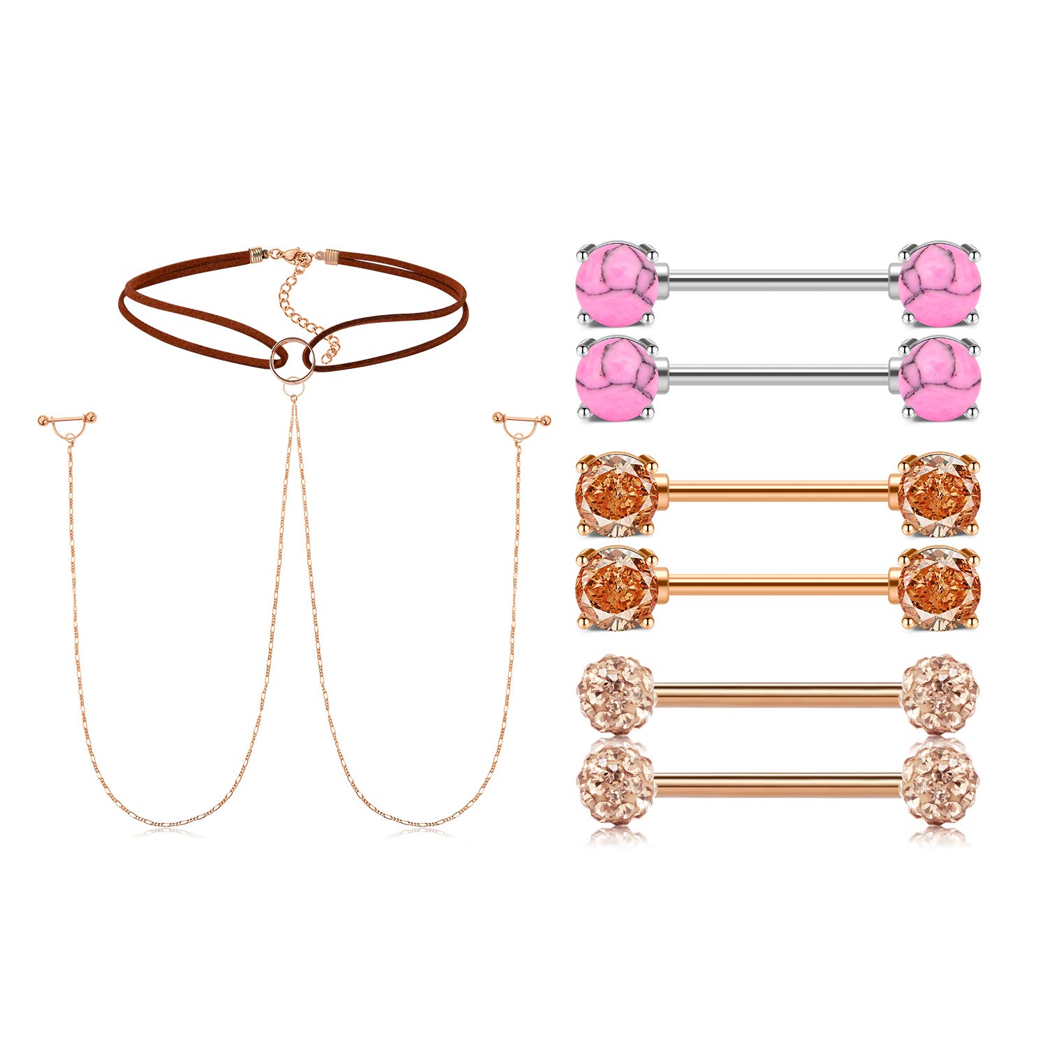 AceFun 14G Nipple Rings CZ Nipplerings Piercing Stainless Steel Nipple Straight Piercing Barbell for Women Girls 4pairs