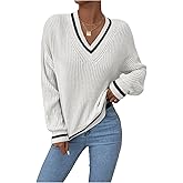 SHENHE Women's V Neck Ribbed Knit Long Sleeve Drop Shoulder Pullover Sweater Tops