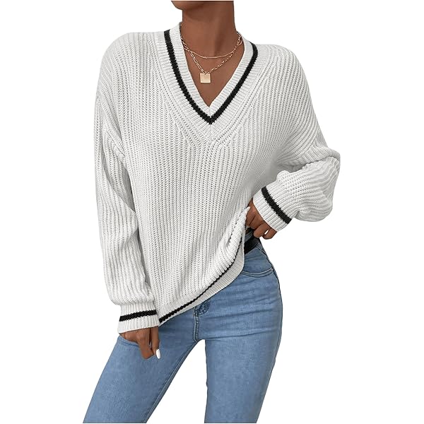 Women's Ribbed Knit 90s Preppy Sweater Long Sleeve V Neck