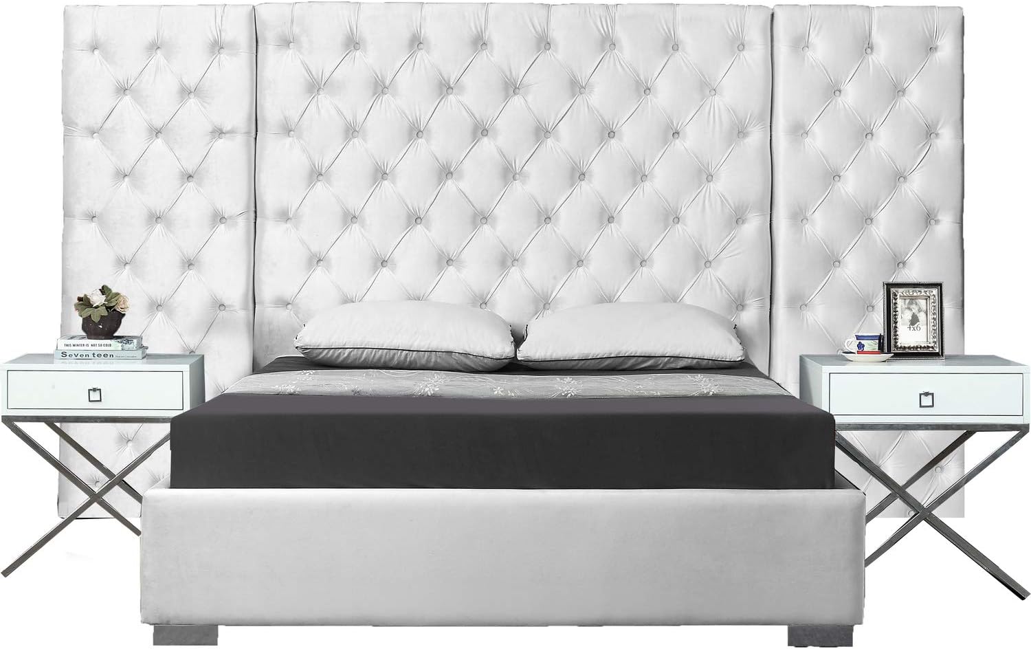 Meridian Furniture Grande Collection Modern | Contemporary Velvet Upholstered Bed with Luxurious Deep Button Tufting and Stainless Steel Legs in Polished Chrome Finish, White, Queen