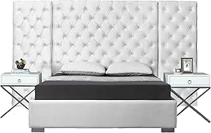 Meridian Furniture Grande Collection Modern | Contemporary Velvet Upholstered Bed with Luxurious Deep Button Tufting and Stainless Steel Legs in Polished Chrome Finish, White, Queen