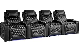 VALENCIA THEATER SEATING Valencia Oslo Home Theater Seating | Premium Top Grain Italian Nappa 11000 Leather, Power Recliner, Power Headrest, LED Lighting (Row of 4, Black)