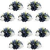 QUTUNI 10Pcs Fake Flower Ball Arrangement Bouquet, 9.5" 15 Heads Plastic Roses with Base,Suitable for Parties Valentine's Day Wedding Centerpiece Flower Rack and Home Décor (Dusty Blue & White)