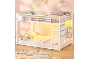 UPOSOJA Bunk Bed Twin Over Twin Bed Frame with LED Lights, Metal Bunk Bed with 13" Guardrail & 3-Step Ladder, Space Saving for Kids and Teen, White