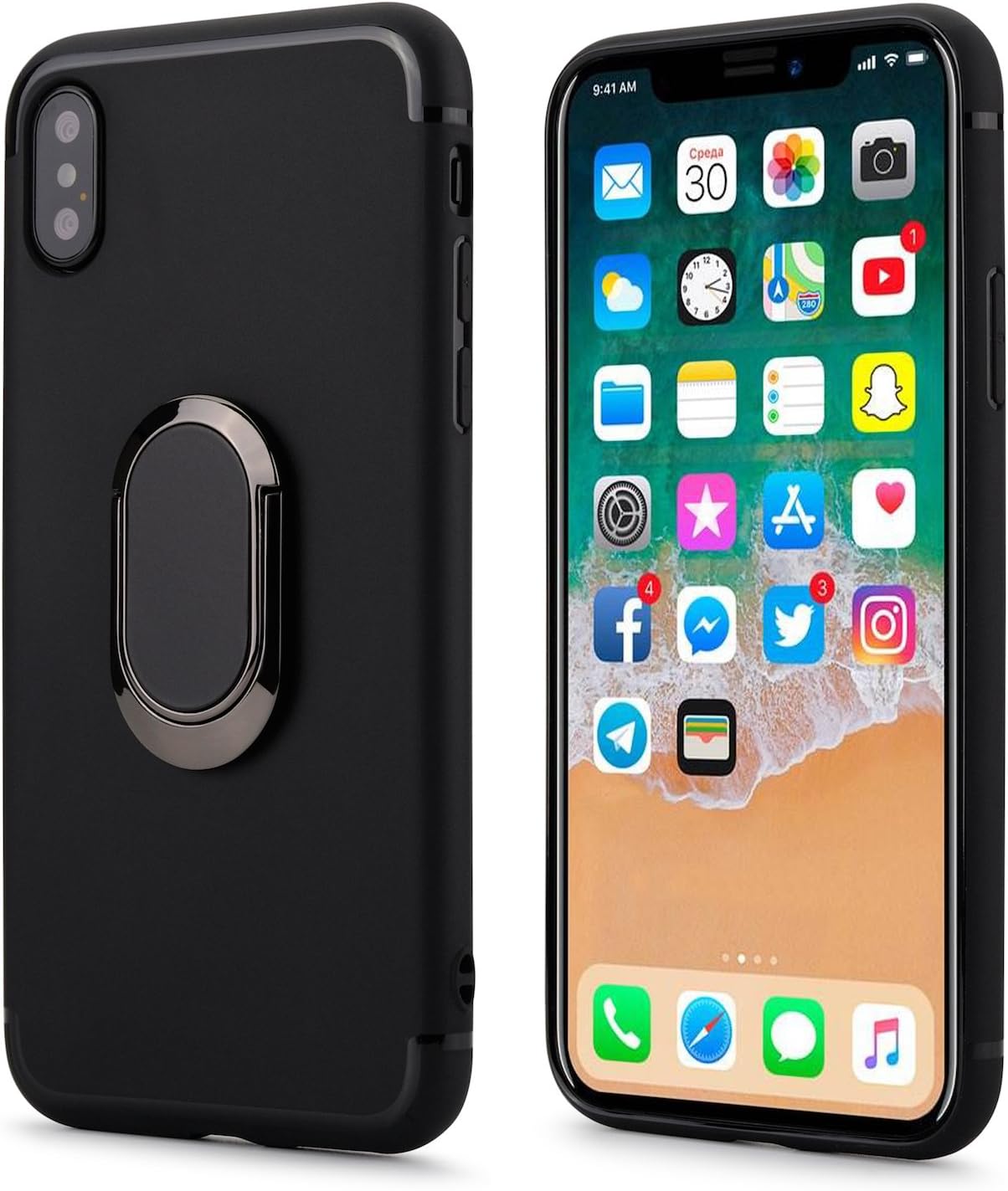 iPhone X case stand, ToGeeKa iPhone X Case Cover with rotating finger ring stand Holder with Anti-Scratch Drop Function, Black