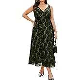 RWJ Women's Plus Size Wedding Guest Dress 2026 Floral Lace Wrap V Neck Sleeveless Formal Cocktail Party Maxi Dresses Sexy Elegant Evening Prom Summer Smocked Olive Green 3X-Large