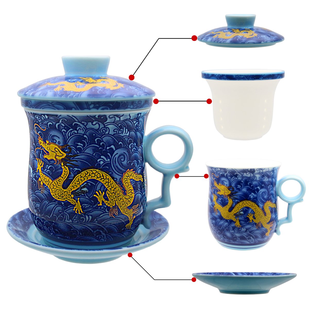 HOLLIHI Porcelain Tea Cup with Lid and Saucer Infuser Sets - Chinese Jingdezhen Ceramics Coffee Mug Teacup Loose Leaf Tea Brewing System for Home Office