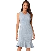 Allegra K Tweed Dress for Women's Sleeveless V Neck Ruffles Bodycon Plaid Dresses