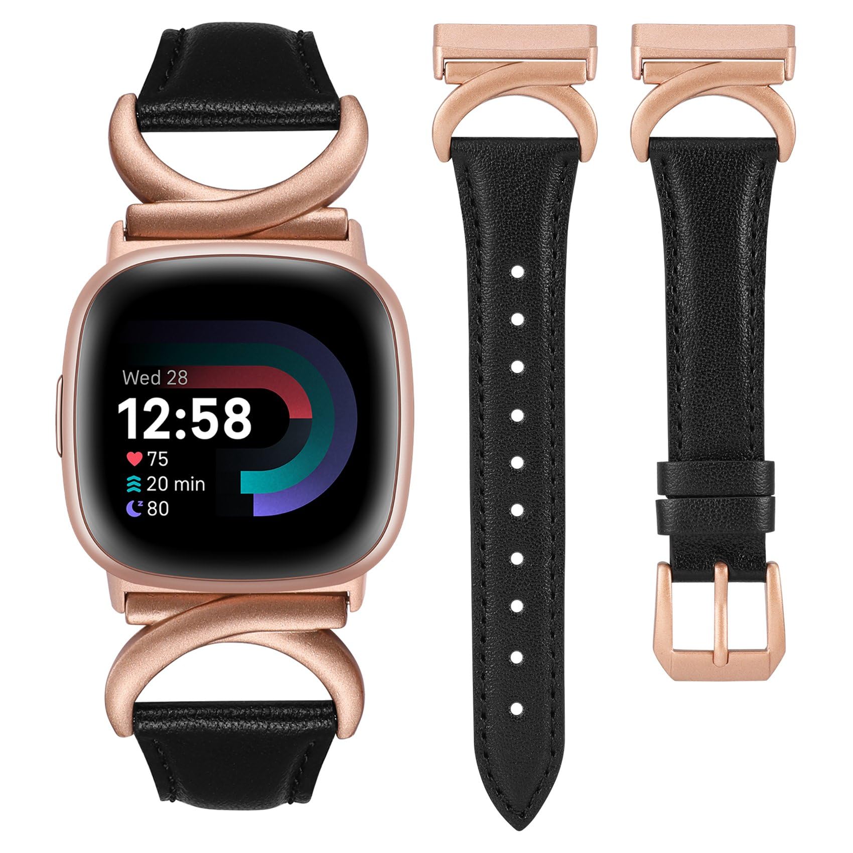 TOYOUTHS Leather Strap Compatible with Fitbit Versa 4/Versa 3/Sense 2 Women Slim Thin Dressy Elegant Premium Leather Strap with C-Shaped Metal Buckle for Versa 4, Black/Rose Pink