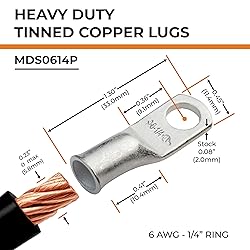 SELTERM Heavy Duty Tinned Copper Lugs, 6 Awg, 1/4