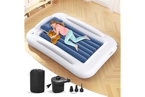 Deeteck Inflatable Toddler Travel Bed - 60 Inches Portable Toddler Bed for Travel with Safety Sides - Cozy Kids Air Mattress Set with Built-in Electric Pump & Carry Case- Easy to Inflate - Sea Blue