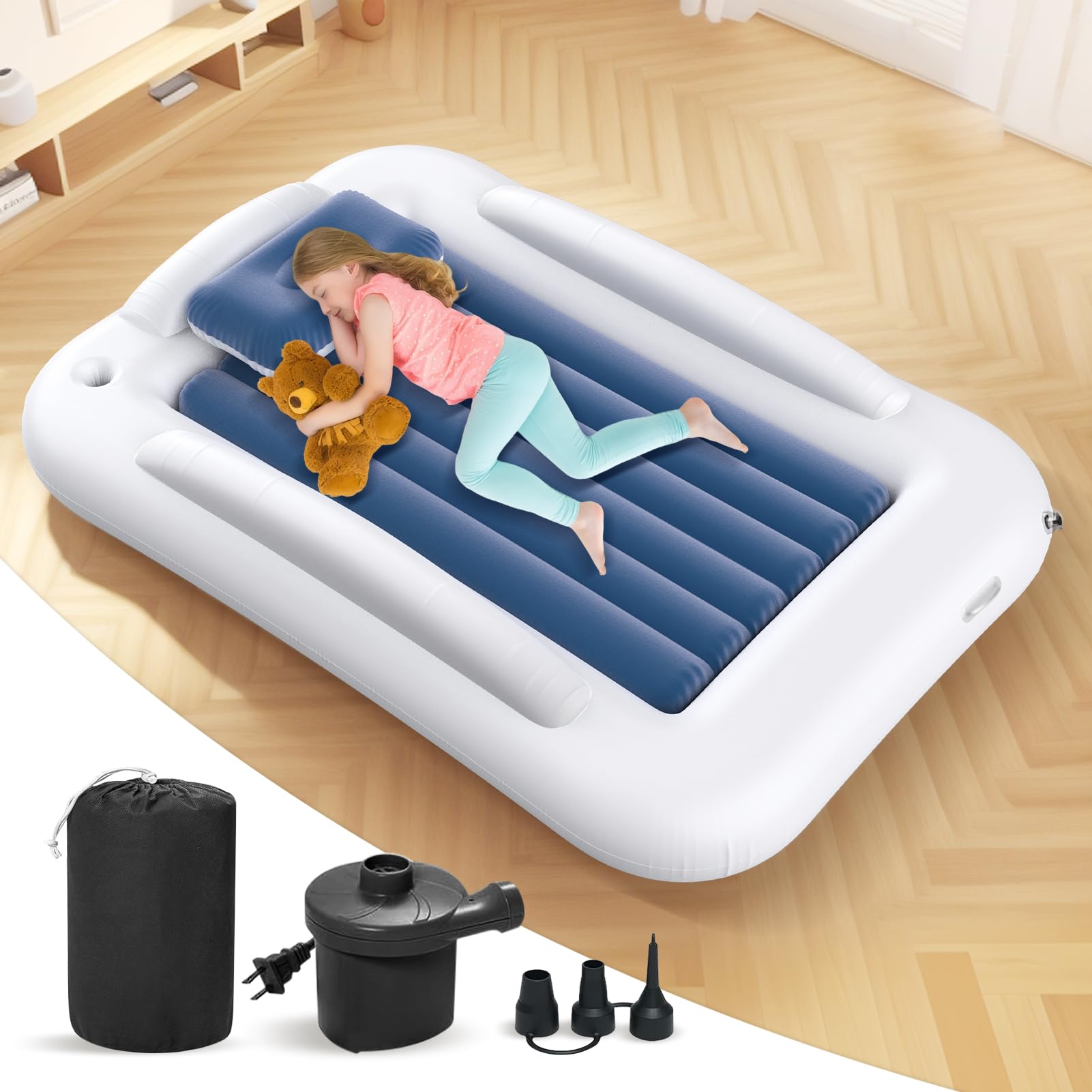 Photo 1 of Deeteck Inflatable Toddler Travel Bed - 60 Inches Portable Toddler Bed for Travel with Safety Sides - Cozy Kids Air Mattress Set with High-Speed Pump & Carry Case - Lightweight & Easy to Inflate -Blue
