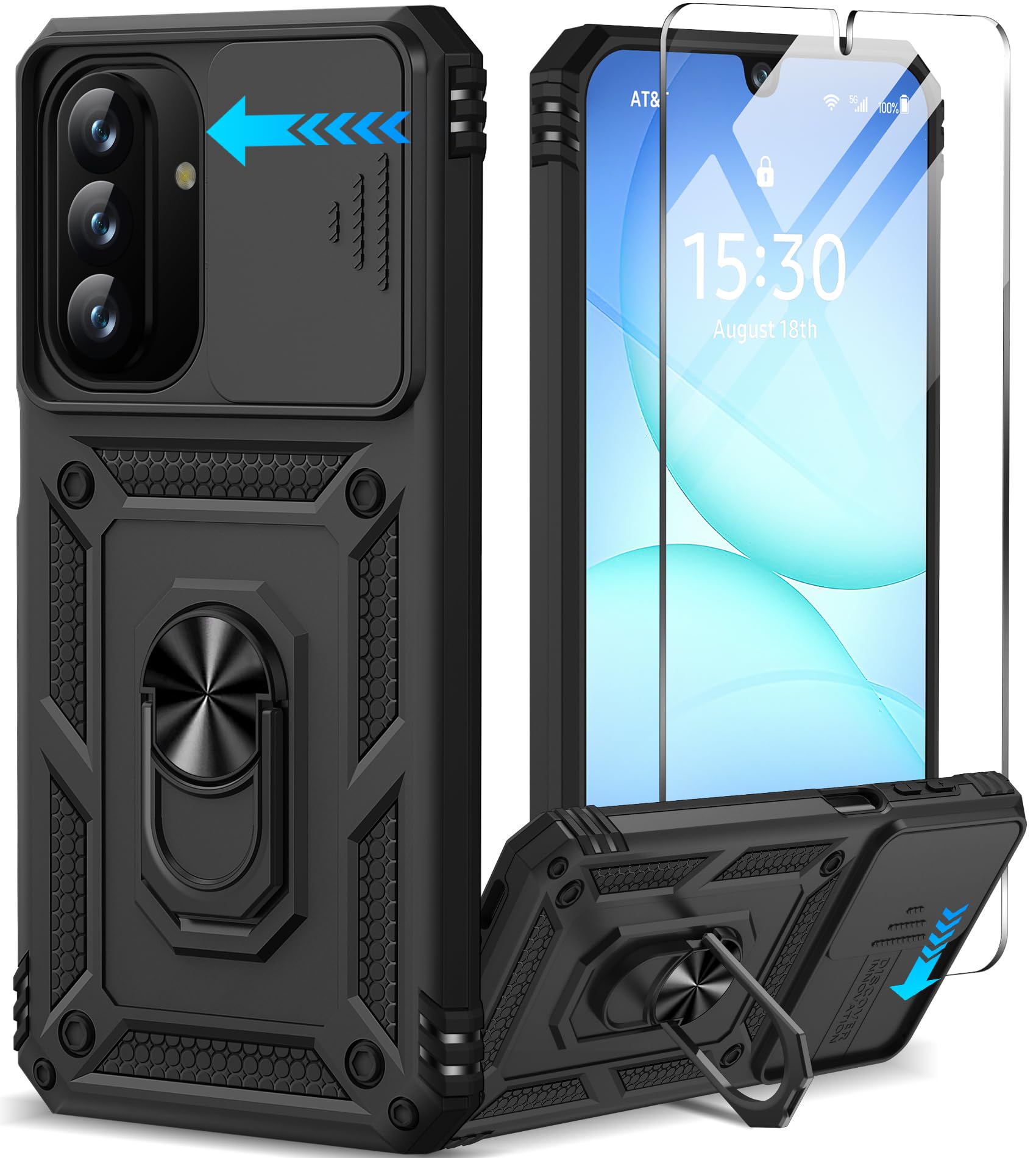 Taisairu for Samsung Galaxy A17 5G Case with Screen Protector & Slide Camera Lens Cover,Built-in 360°Rotate Magnetic Ring Stand Shockproof Protective Phone Case for Samsung A17 Case (Black)