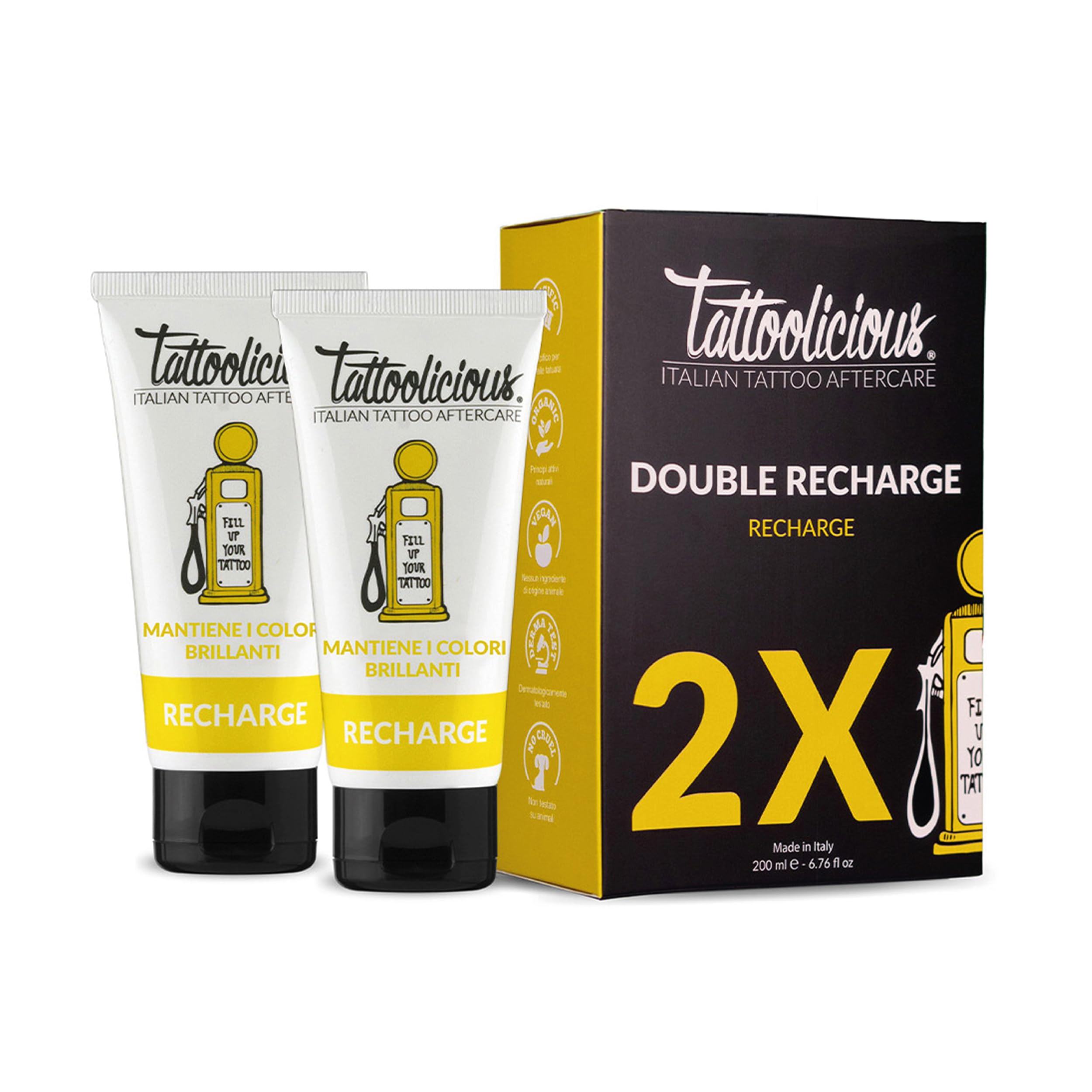 Tattoolicious DOUBLE RECHARGE - Tattoo Maintenance Cream, Revitalizing, Specific, with Organic Active Ingredients, 200ml - 7.04 fl. oz. Double Pack (2 tubes of 100 ml)