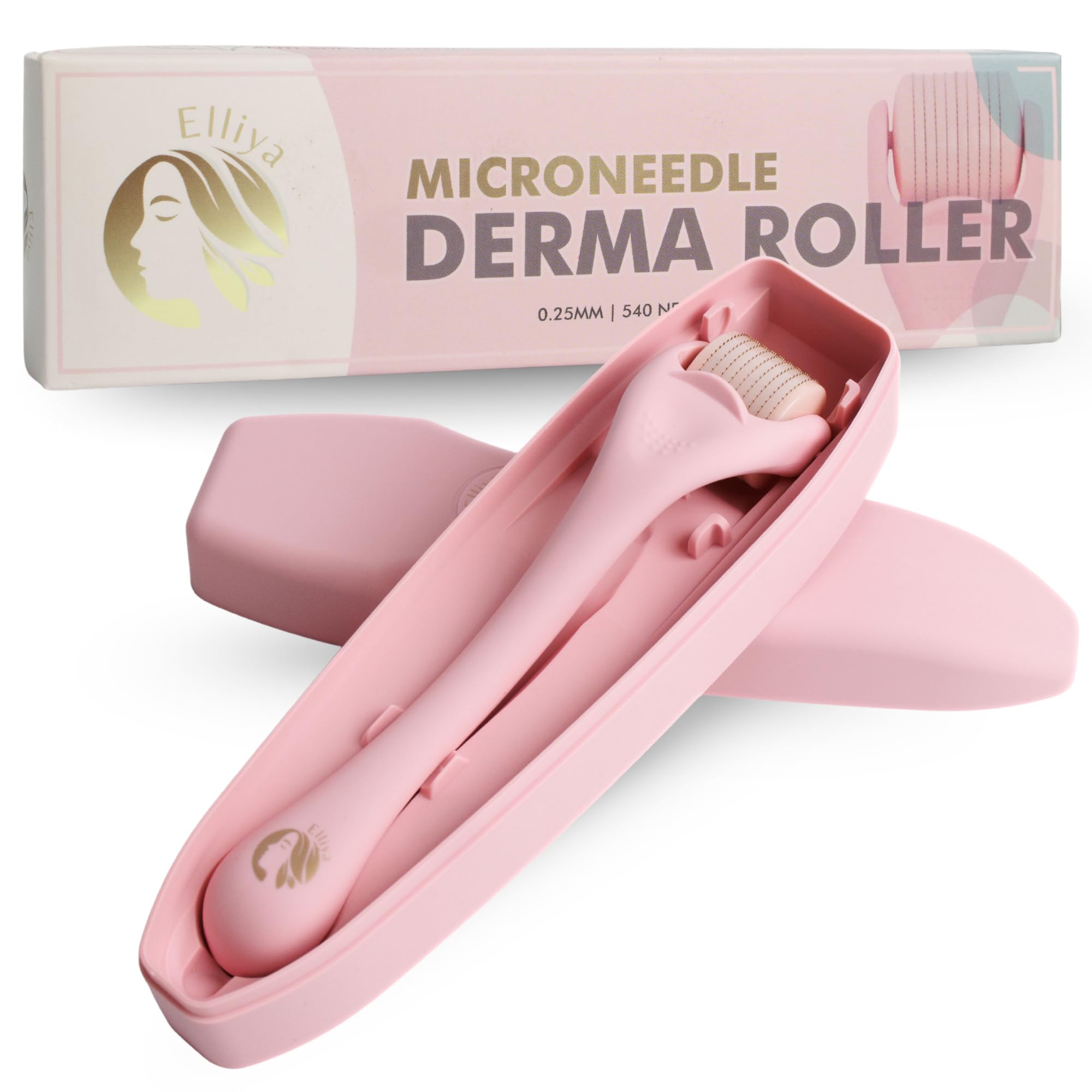 Elliya Pink Derma Roller with 0.25mm Titanium Needles - Face & Skin Care Tool with Case - Microneedle Roller for Smooth Skin - Home Skincare Routine
