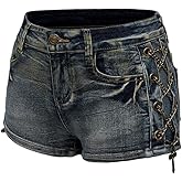 WDIRARA Women's Vintage Punk Chain Lace Up Denim Micro Shorts Distressed Low Rise Jean Shorts