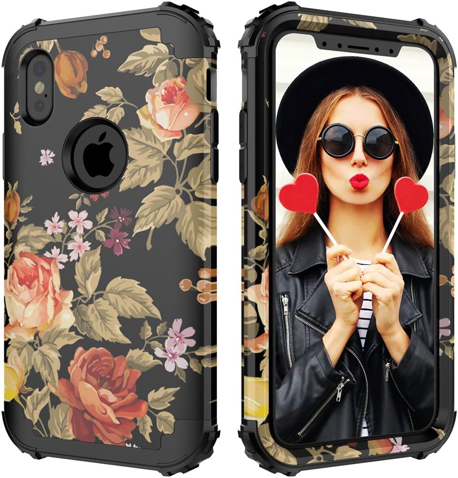 Digital Hutty Case for iPhone Xs,Case for iPhone X, 3 in 1 Shockproof Heavy Duty Full-Body Protective Cover for Apple iPhone Xs 2018 iPhone X Flower