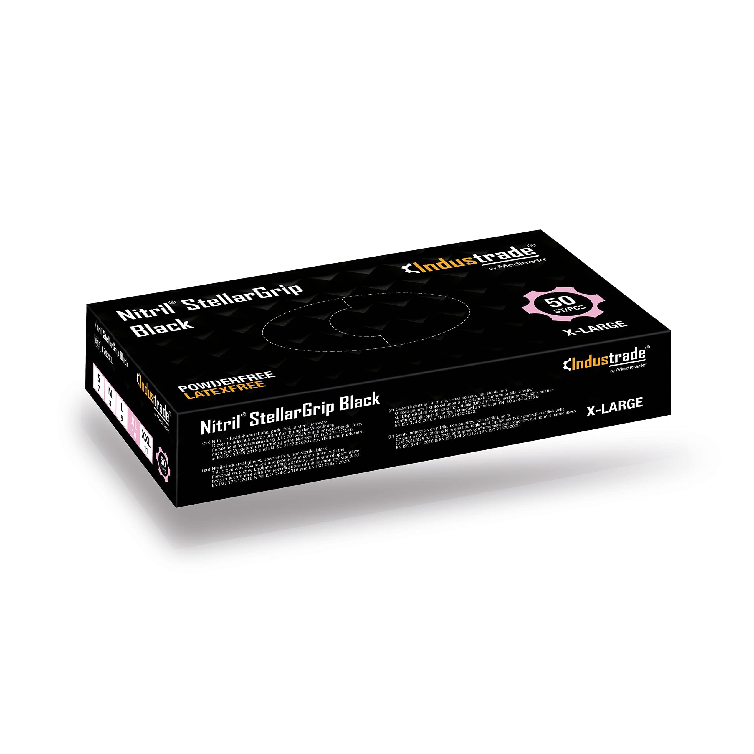Industrade by Meditrade NITRIL StellarGrip Black Nitrile Industrial Gloves - Diamond Texture for Enhanced Grip - Powder & Latex Free Disposable Gloves - 6.5g Thickness - X-Large - 50pcs