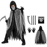 QIMYGIFT Grim Reaper Cloak Ghost Costume for Kids, Scary Horror Tattered Halloween Cape with Mask Gloves & Toy Scythe Props