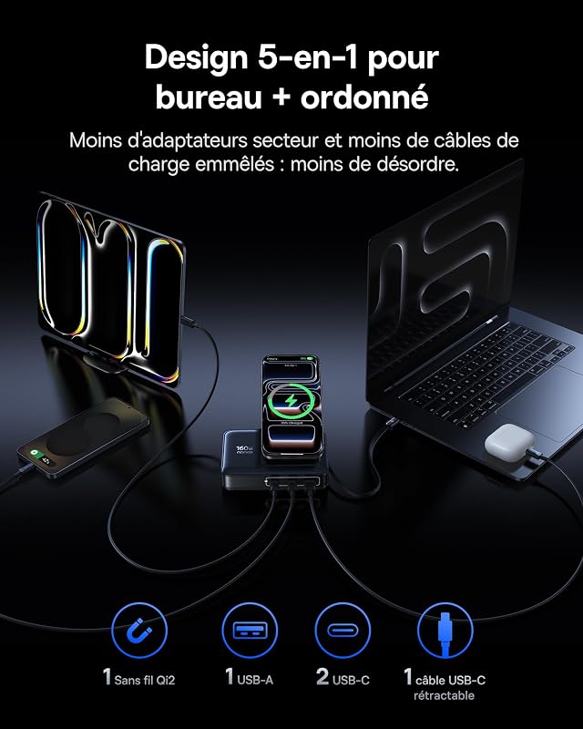 Chargeur USB C 160 W MagSafe Qi2 5-in-1, Station de Charge avec câble rétractable USB-C 100 W Compatible avec iPhone 12-17, MacBook Pro/Air, iPad Pro, etc.
