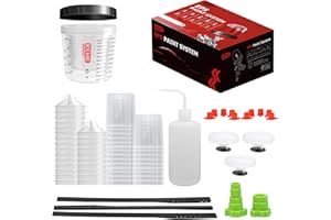 KEHE REFINISH Disposable Paint Cups for Spray Gun,Mixing Cups 20 Ounce (600ml) Kit with 25 Cups and Lids with Strainer System for HVLP&LVLP,1 Hard Cup with Retainer Ring,10 Plugs,2 Adapters,3 Mixing Sticks