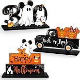 3 Pieces Halloween Table Signs Decorations, Pumpkins Ghost Truck BOO Table Centerpiece Wooden Sign, Halloween Tabletop Home Decor for Party Indoor Tiered Tray