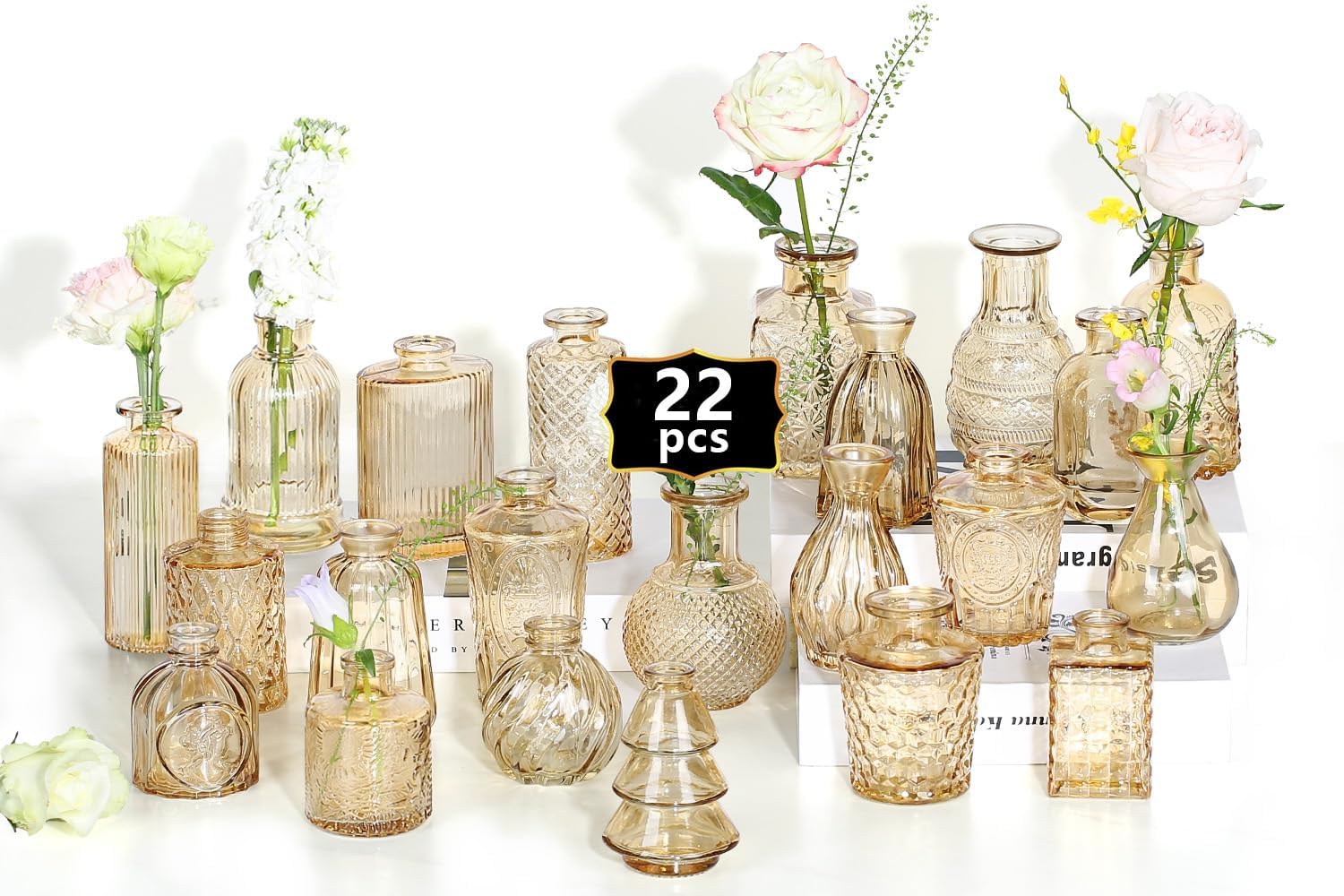 Anquephd Mini Bud Vases Centerpieces for Tables,Clear Bud Vases for Flowers,Small Flower Vases Suitable for Birthday Party,Anniversary,Wedding Reception,Baby Shower (Amber-Gold, 22PCS)