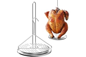 GLOWYE Turkey Fryer Stand with Handle Lifter Hook Kit, Stainless Steel Chicken Poultry Chicken Vertical Roaster and Perforated Holder Base Accessories for Outdoor Turkey Deep Fryer Pot BBQ Oven