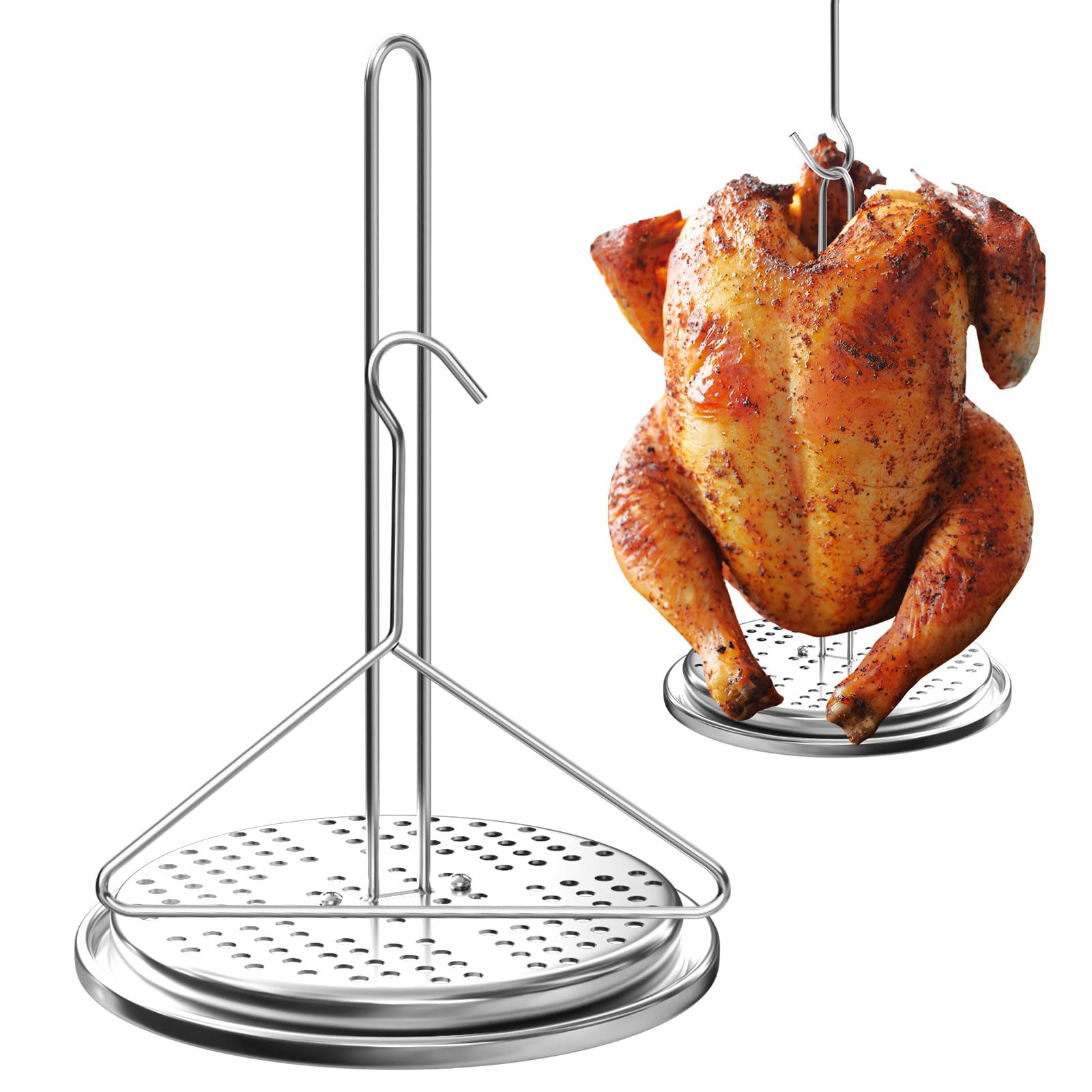 Photo 1 of Turkey Fryer Stand with Handle Lifter Hook Kit, Stainless Steel Chicken Poultry Chicken Vertical Roaster and Perforated Holder Base Accessories for Outdoor Turkey Deep Fryer Pot BBQ Oven