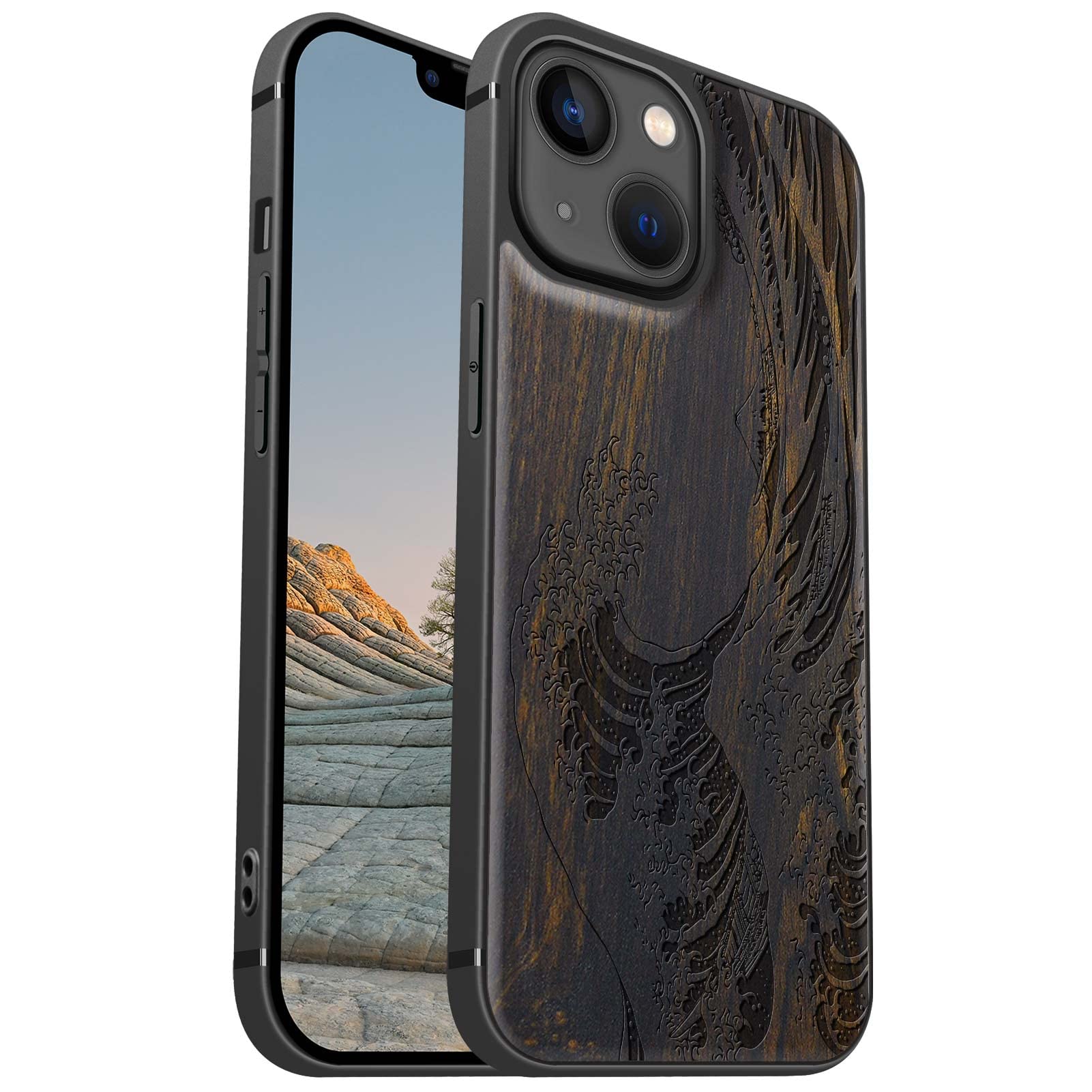 Carveit Magnetic Wood Case for iPhone 13 Mini Case [Hard Real Wood & Soft TPU] Shockproof Protective Cover Wooden Design Bumper Case Compatible with MagSafe (Wave Kanagawa-Blackwood)