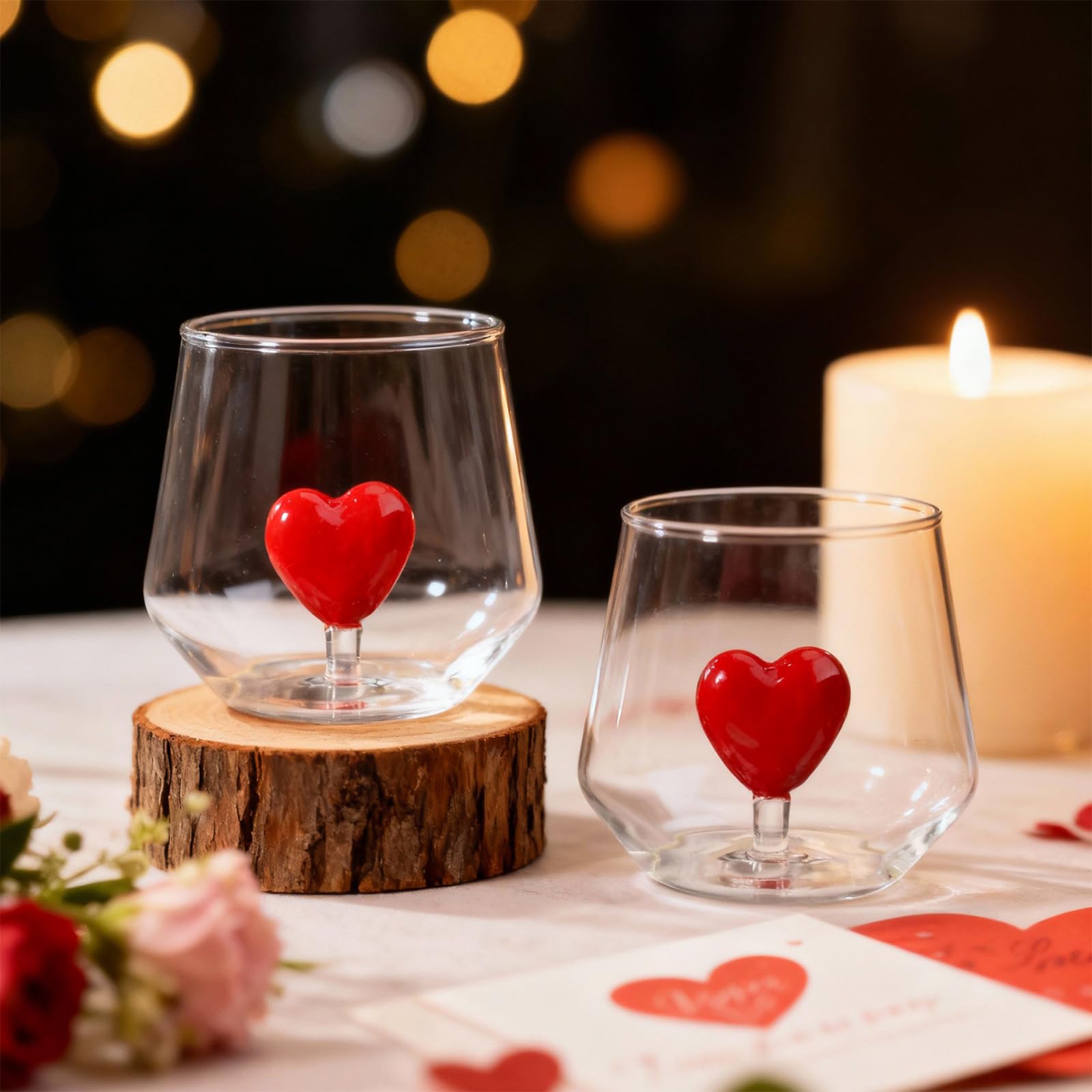 Photo 1 of **NOTE: ONLY ONE GLASS IS INCLUDED, AS THE OTHER ONE BROKEN COMPLETELY AND I THREW IT AWAY. THERE IS ONLY ONE.**   2 Pcs Valentine Stemless Wine Glasses Galentine 3D Heart Drinking Glass Cup 12oz Red Heart Wine Glasses Icon Juice Glass Clear Double Hand B