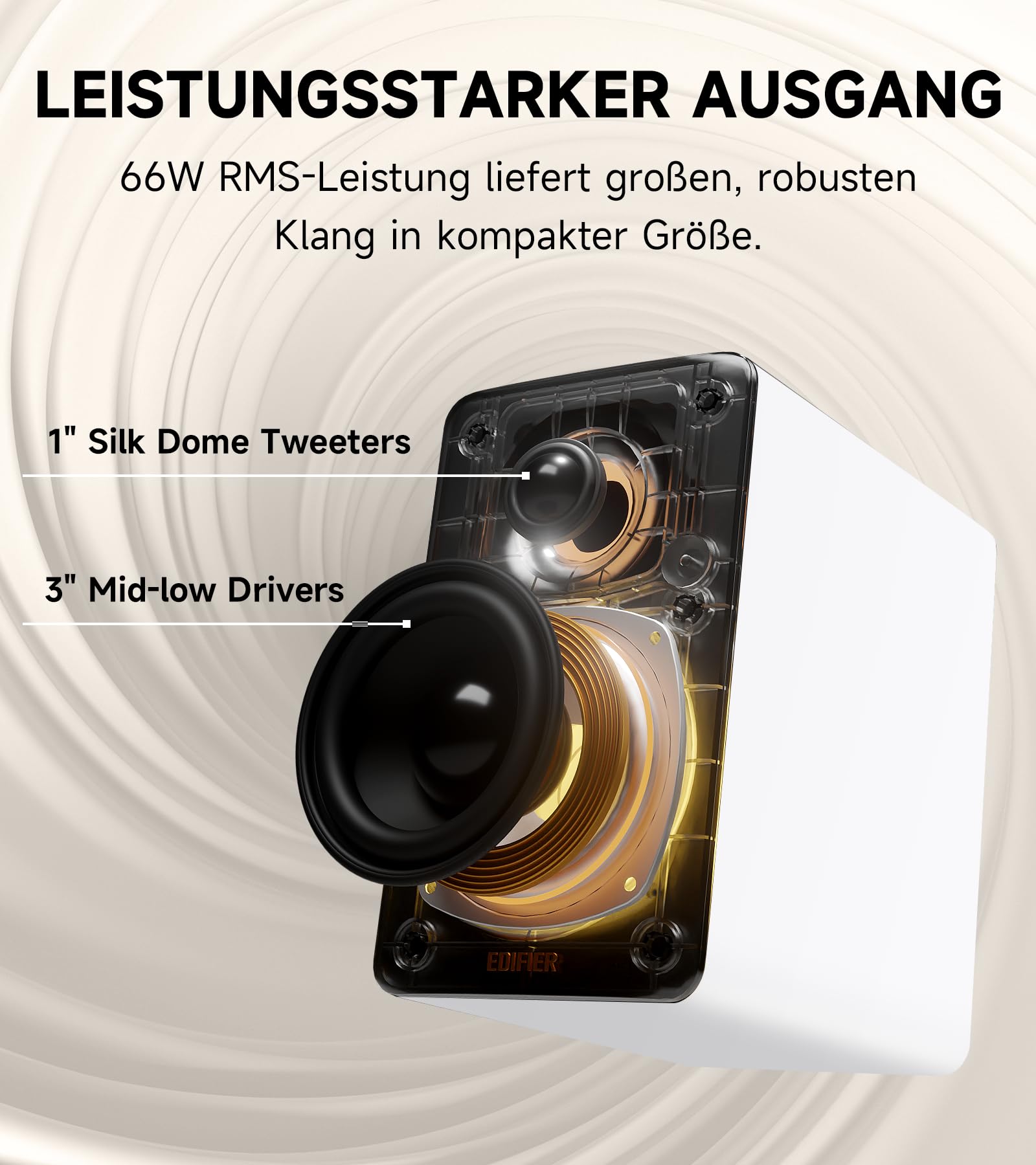 Edifier M60 Multimedia-Lautsprecher Bluetooth 5.3, 66W RMS, Hi-Res Audio & Hi-Res Wireless Audio, LDAC, 3" Mittelbass & 1" Hochtöner, USB-C & Aux-Eingänge, Kompakter Desktop Lautsprecher - Weiß 3