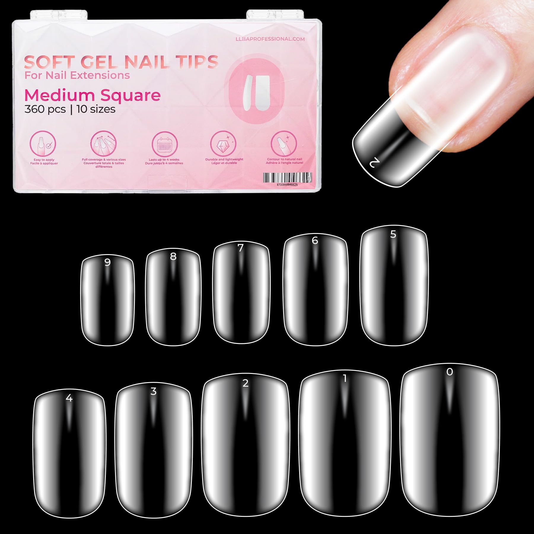 LLBA Soft Gel Nail Tips - 360Pcs Soft Gel Nail Extension Tips, 10 Sizes Clear Full Cover Fake Nails for Nail Extension, Long-Lasting Salon Quality, Natural Look & Comfortable Wear (Square, Medium)