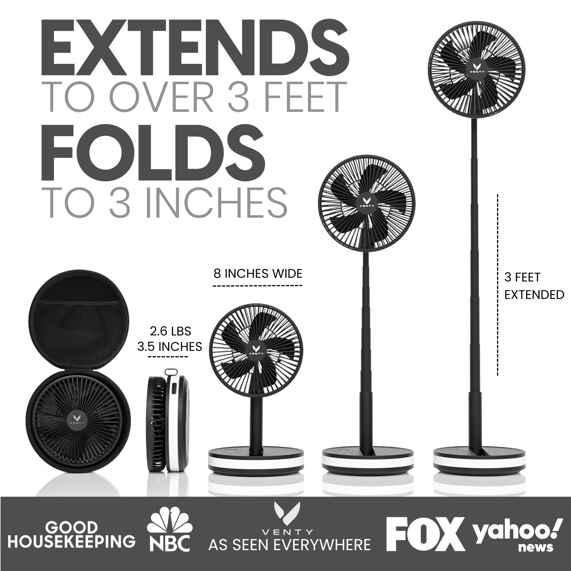 VENTY Portable Fan - Wireless Battery Operated Fan - 4 Speeds - LED Lighting - Carry Case & Remote Control - Cruise Travel - Outdoor Travel RV Power Bank With USB-C Port (Black with Case)