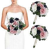 DIYDOFUN Set of 2 Bridesmaid Bouquets, 11 Inch Wedding Artificial Flower Bouquets for Wedding Ceremony Bridal Shower Decorations - Dusty Pink & Navy Blue