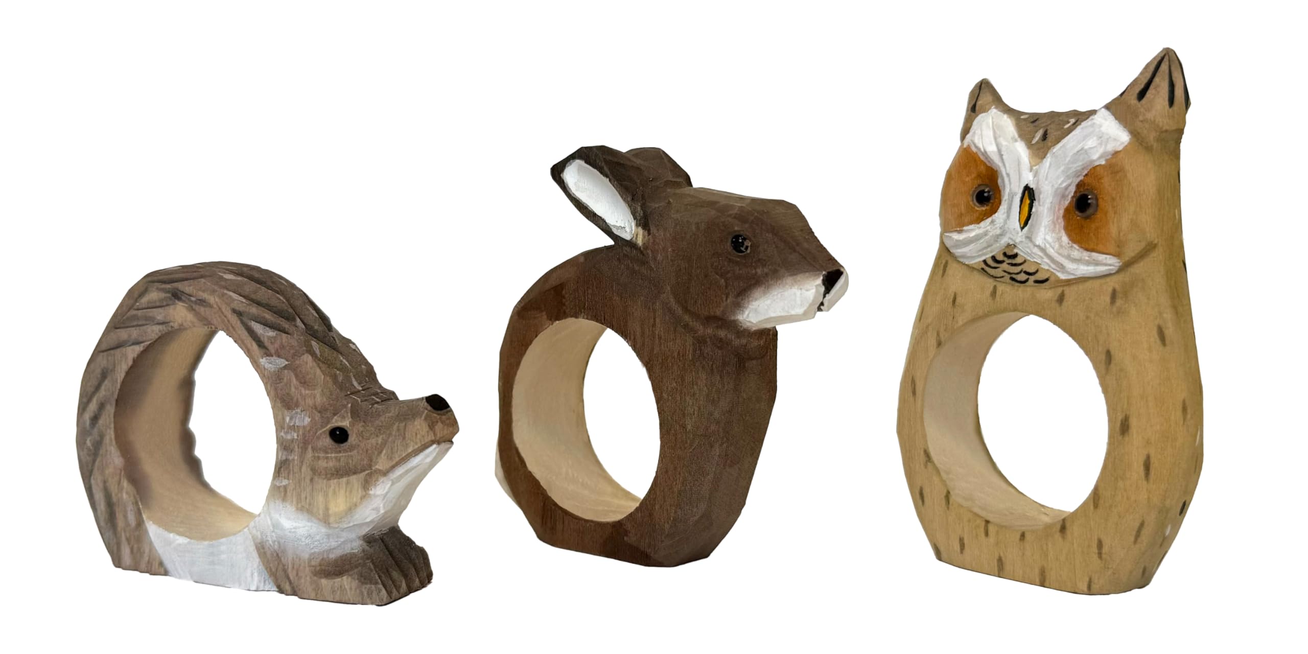 your castle Napkin Rings, Hand Carved, Animal Design - Hedgehog, Owl, Rabbit, Set of 3, Made of Wood, Hand-Painted, Versatile, with Stable Base, 8 x 6 x 2 cm