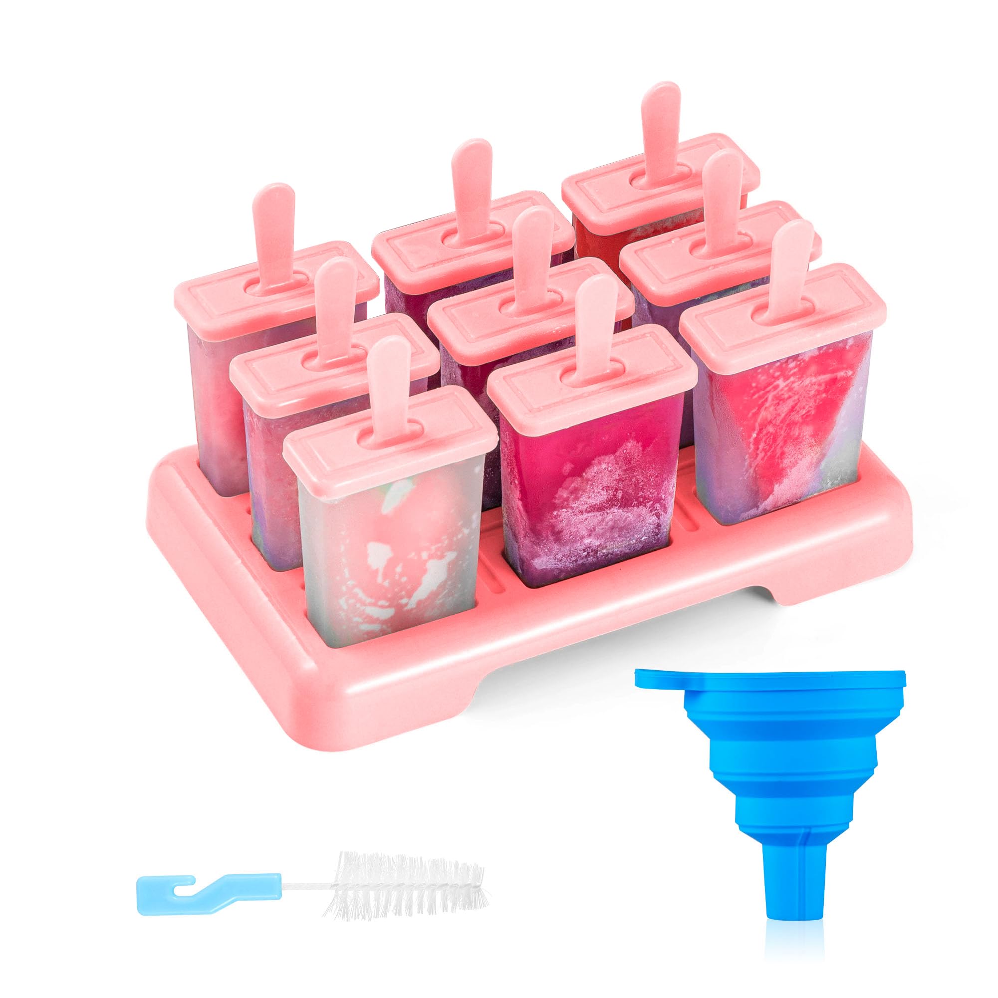 ANSMIO Ice Lolly Moulds 9 Popsicle Molds Ice Cream Moulds Reusable DIY Ideas Ice Lolly Stick - Comes with a Cleaning Brush and Silicone Folding Funnel(New Pink)