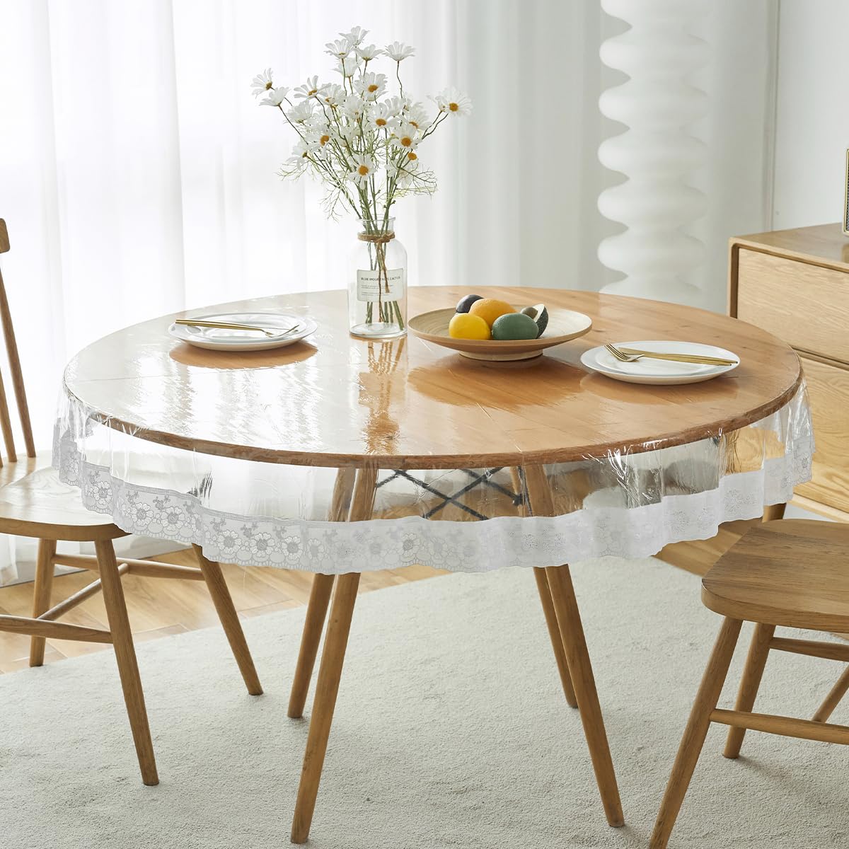 Clear PVC Tablecloth, 100% Waterproof Vinyl Table Cloth, Oil Proof Spill Proof Table Protector, Plastic Rectangle&Round Transparent Thick Table Cover for Dining Tables Kitchen Home(Round-150cm)