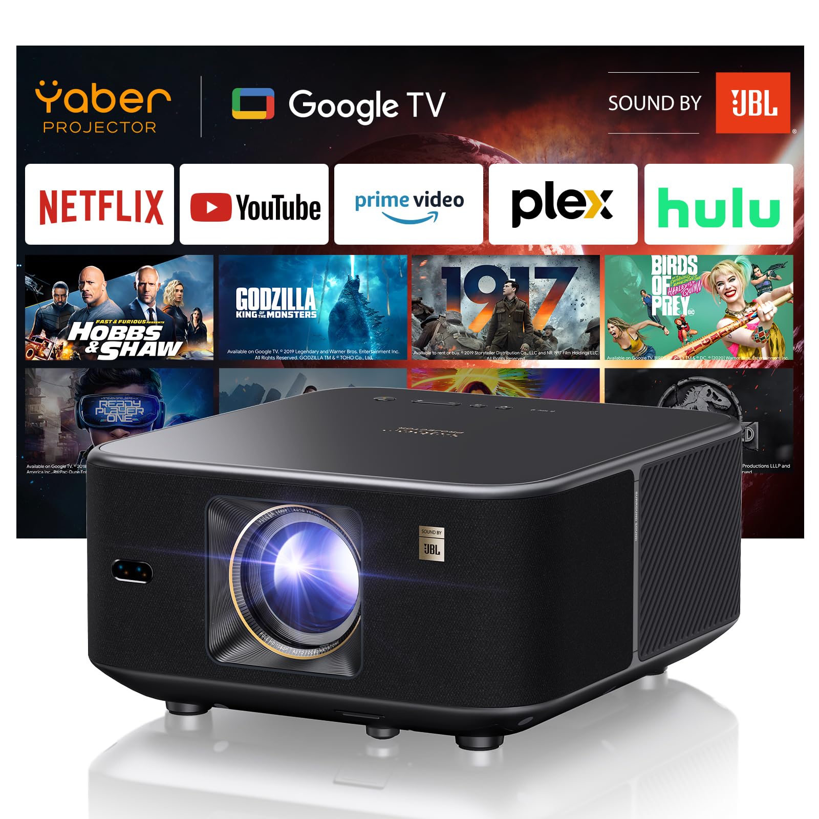 Photo 1 of Yaber PROJECTOR K3 Smart Projector with GTV, 30W Speaker Sound by JBL, Dolby Audio, Home/Outdoor Movie Projector with WiFi6 and Bluetooth, Auto Screen Adaptation,Netflix 7000+app