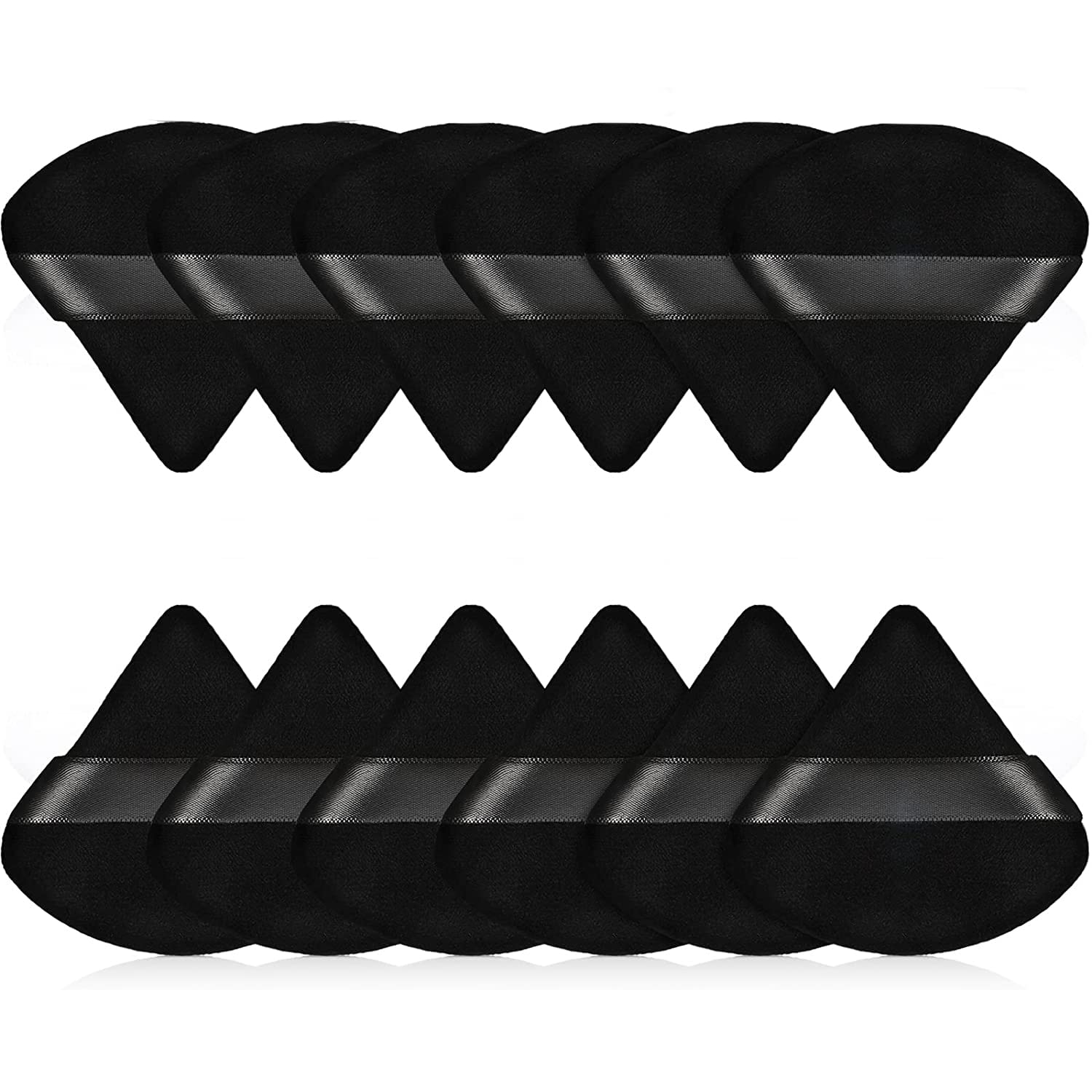 12-Piece Triangle Powder Puff Set - Soft Velour Puffs for Loose Powder, Foundation, Cream Blush - Reusable, Dry & Wet (Black)