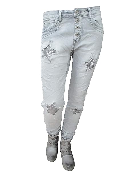 Karostar by Lexxury Denim Stretch Baggy-Jeans Boyfriend schräge Naht 4 Knöpfe Offene Knopfleiste Glitzer Sterne Große Größen