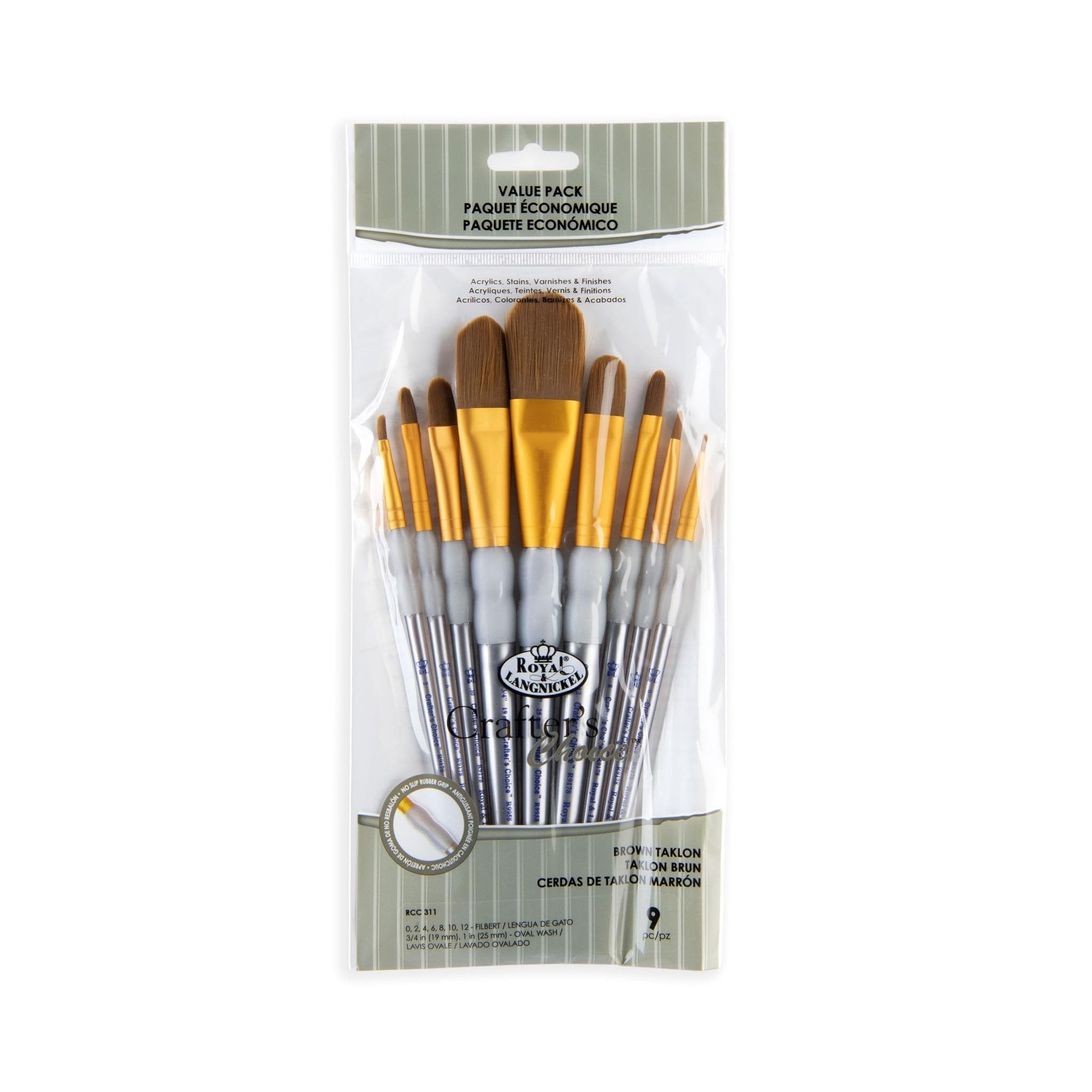 Royal and Langnickel RCC 311 Crafter's Choice Flat Taklon Variety Brush Set - Brown (Pack of 9)