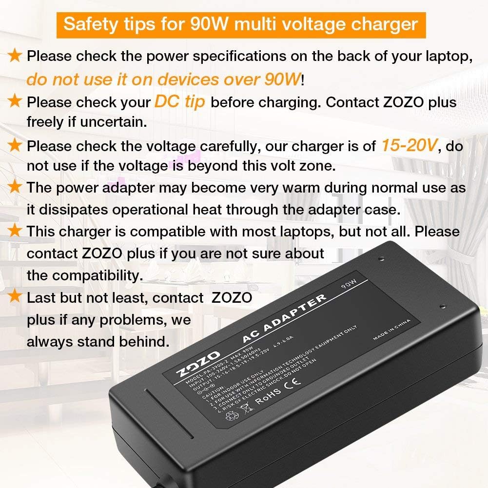 ZOZO 90W AC Universal Laptop Charger for HP Dell Toshiba IBM Lenovo Acer ASUS Samsung Sony Fujitsu Gateway Notebook Ultrabook Chromebook DC Output 15V 16V 18.5V 19V 19.5V 20V Power Adapter Supply Cord: Computers & Accessories
