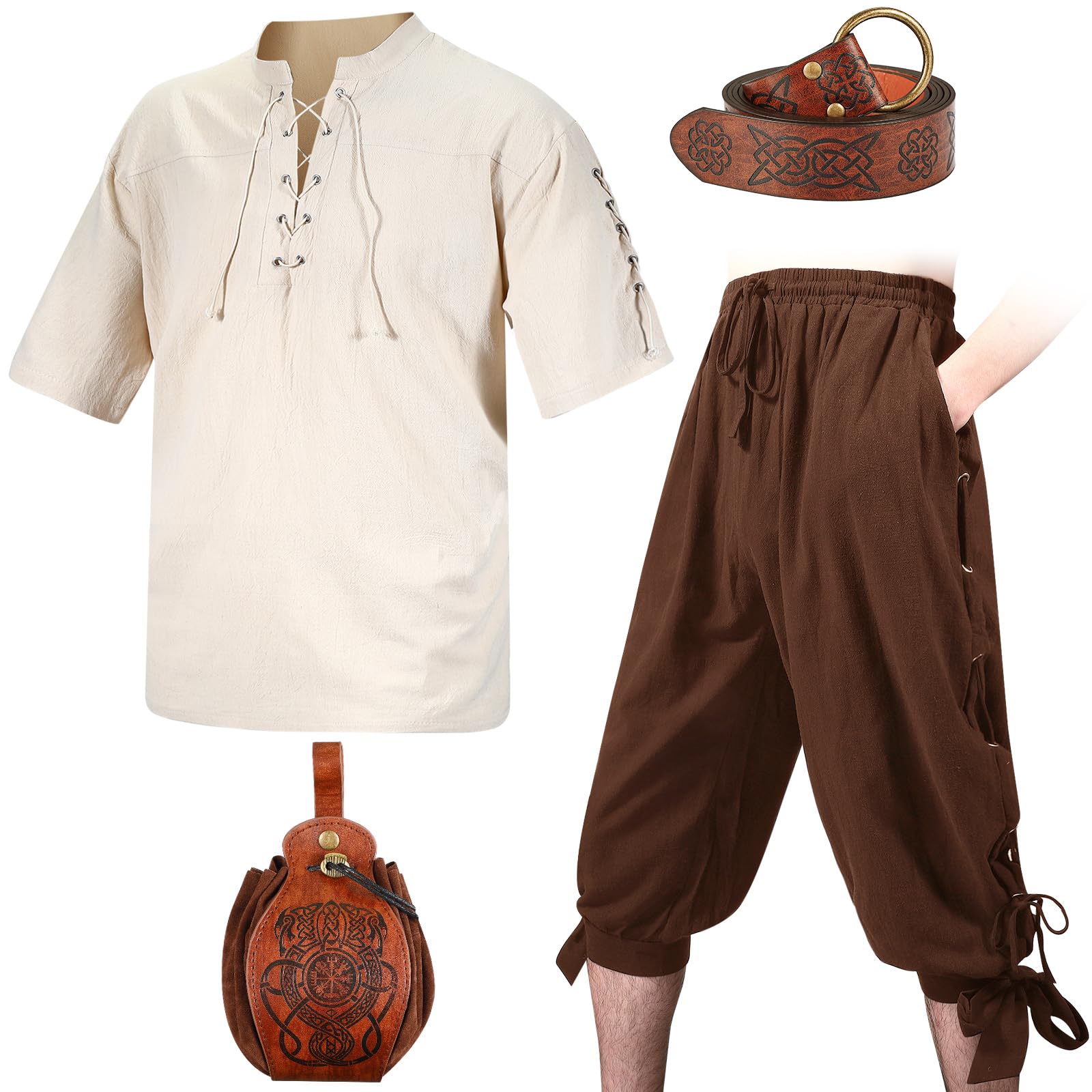 Photo 1 of Xtinmee 4 Pcs Halloween Men Renaissance Costume Set Medieval Pirate Viking Costume Shirt Pant Belt Bag(Large,Beige Brown)