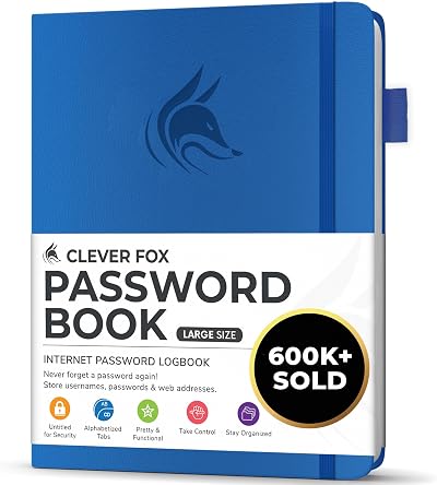 Clever Fox Password Book with Alphabetical Tabs Royal Blue Large 18x25 cm