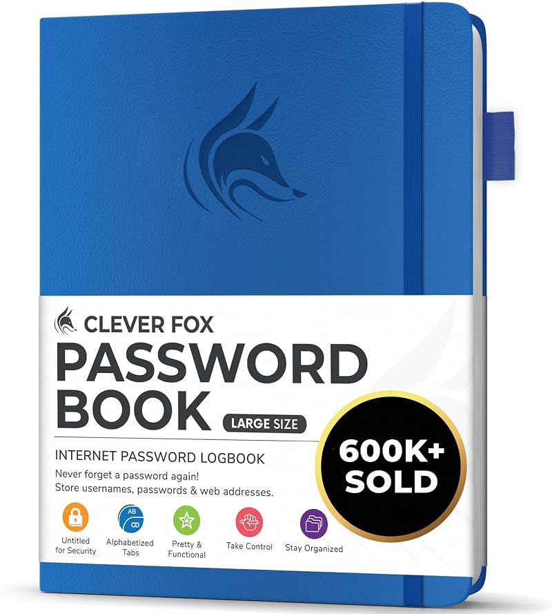 Clever Fox Password Book with Alphabetical Tabs Royal Blue Large 18x25 cm