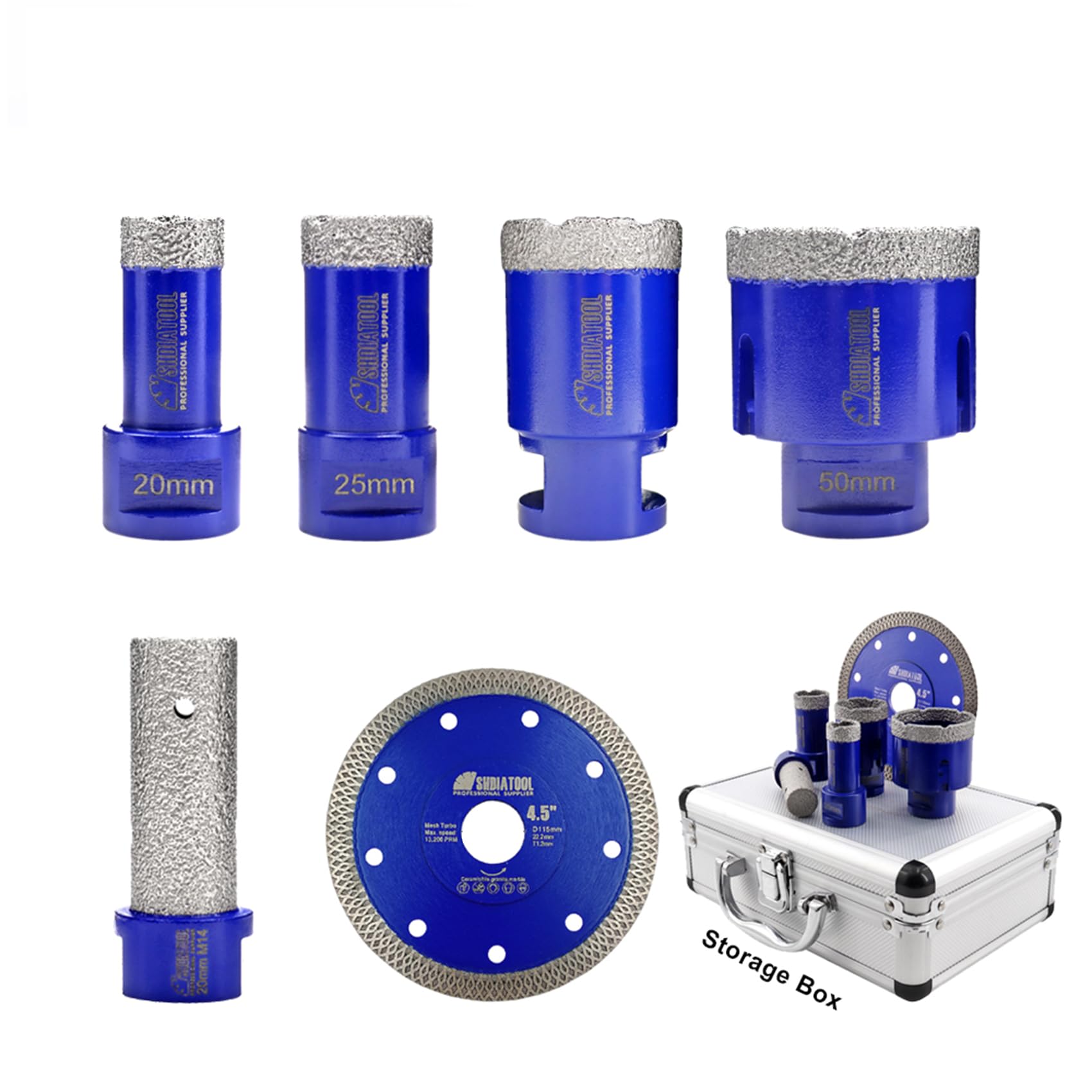 SHDIATOOL Diamond Drill Bits Hole Cutter 20/25/35/50mm and 20mm Finger bits and 115mm diamond blade Vacuum Brazed for Porcelain Ceramic Granite Marble M14 Thread — image 1