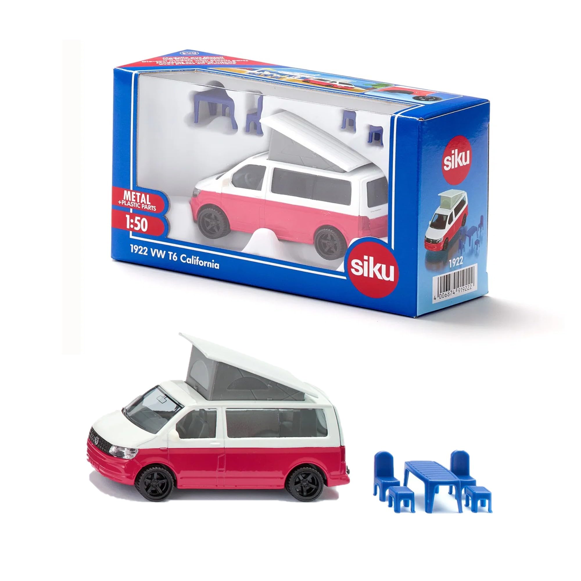 siku 1922, VW T6 California Camper, 1:50, Metal,Plastic, Red,White, Chairs, stool and folding roof